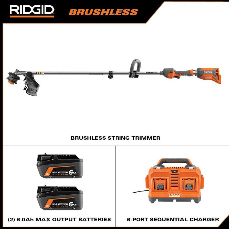 RIDGID 18V Desmalezadora sin escobillas de 14 pulgadas con kit de cargador secuencial de 6 puertos y baterías de salida máxima de 6.0 Ah (paquete de 2) - R01201BVNM-AC86096-AC840060PN