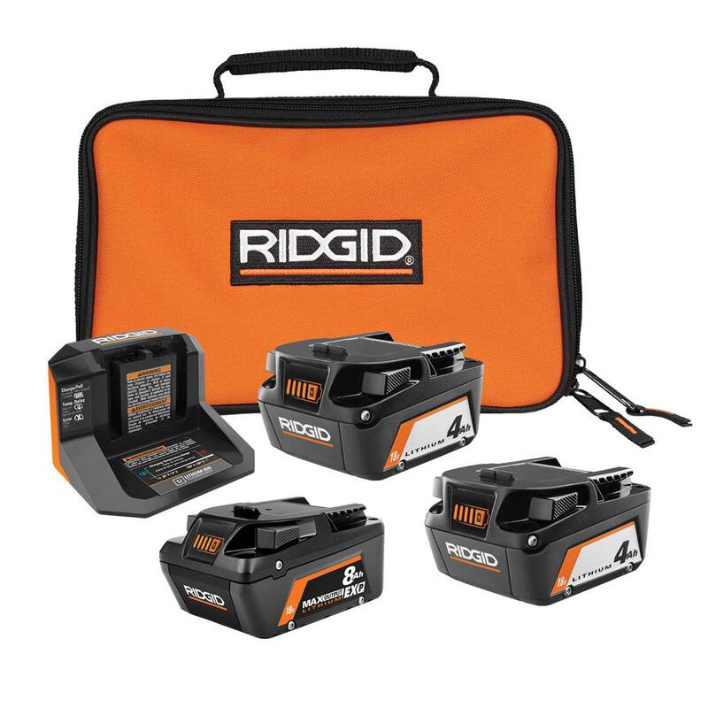 Batería de iones de litio RIDGID 18V 8.0 Ah de salida máxima EXP con (2) baterías de 4.0 Ah, cargador y bolsa - AC840080-AC93044SBN