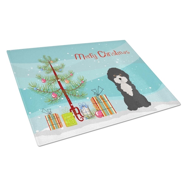 Carolines Treasures Black & White Cyprus Poodle Christmas Tree Glass Cutting Board Large - CK3497LCB