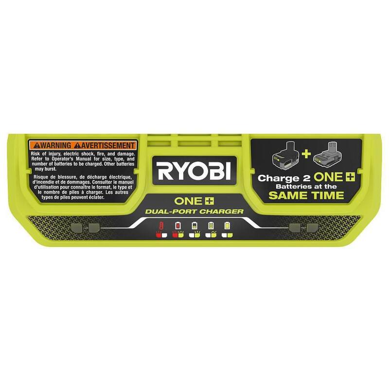 Cargador RYOBI ONE+ de 18V de Doble Puerto Simultáneo con Batería de Alto Rendimiento de Iones de Litio de 18V 2.0 Ah ONE+ (Paquete de 2) - PCG005-PBP2003.