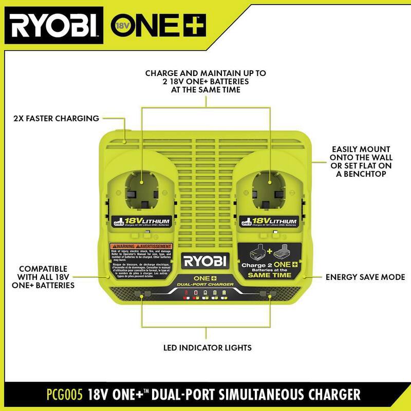 Cargador RYOBI ONE+ de 18V de Doble Puerto Simultáneo con Batería de Alto Rendimiento de Iones de Litio de 18V 2.0 Ah ONE+ (Paquete de 2) - PCG005-PBP2003.