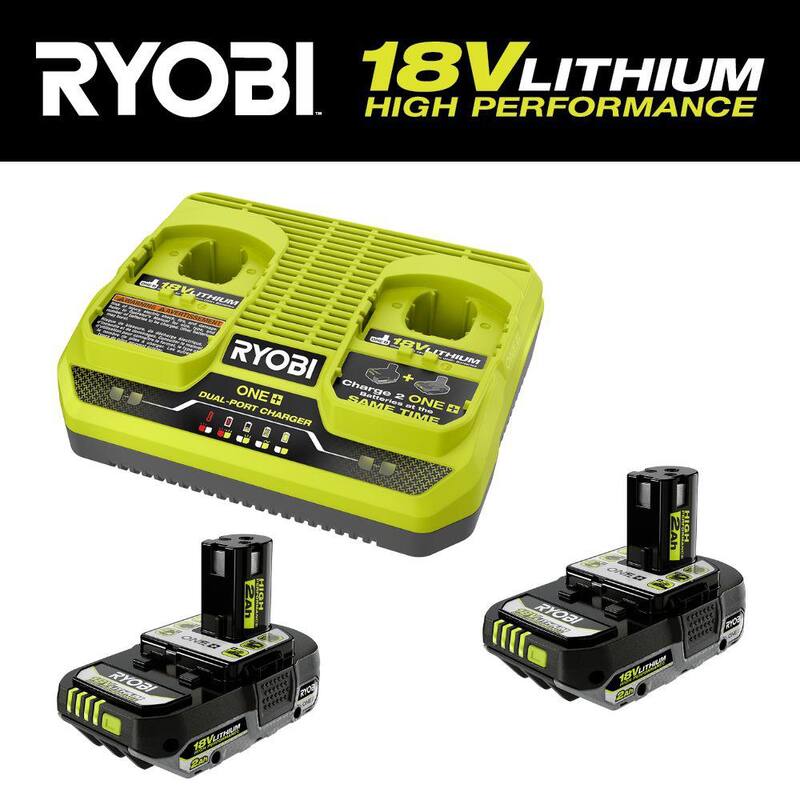 Cargador RYOBI ONE+ de 18V de Doble Puerto Simultáneo con Batería de Alto Rendimiento de Iones de Litio de 18V 2.0 Ah ONE+ (Paquete de 2) - PCG005-PBP2003.