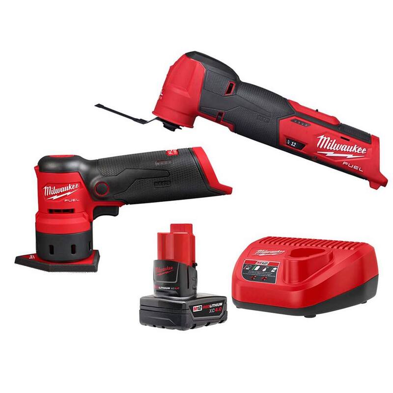 Herramienta múltiple oscilante inalámbrica Milwaukee M12 FUEL de 12 voltios con batería y cargador, y Lijadora orbital M12 FUEL con batería y cargador - 48-59-2440-2526-20-2531-20