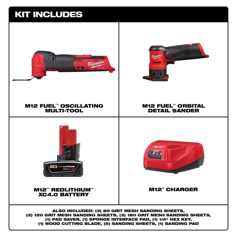 Herramienta múltiple oscilante inalámbrica Milwaukee M12 FUEL de 12 voltios con batería y cargador, y Lijadora orbital M12 FUEL con batería y cargador - 48-59-2440-2526-20-2531-20
