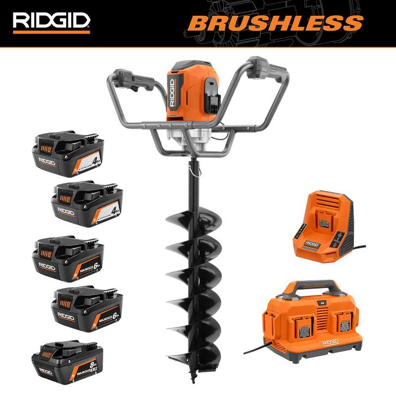 Kit de Buzón de Tierra sin Escobillas de 18V RIDGID con Cargador Secuencial de 6 Puerto, Baterías de Salida Máxima de 8.0 Ah y 6.0 Ah (Paquete de 2) - R01701KVNM-AC86096-AC840060PN-AC840080