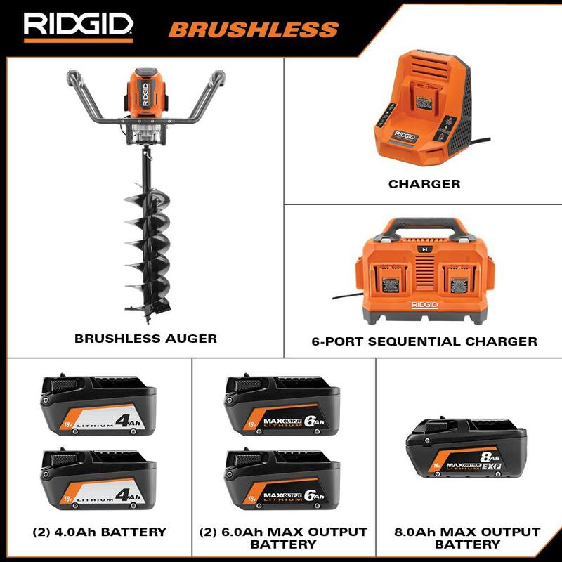 Kit de Buzón de Tierra sin Escobillas de 18V RIDGID con Cargador Secuencial de 6 Puerto, Baterías de Salida Máxima de 8.0 Ah y 6.0 Ah (Paquete de 2) - R01701KVNM-AC86096-AC840060PN-AC840080