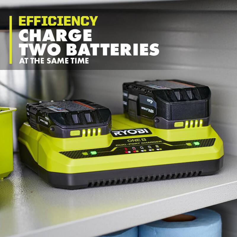 Cargador Dual-Port Simultáneo de 18V ONE+ de RYOBI con Batería de Alto Rendimiento de Iones de Litio de 18V 4.0 Ah ONE+ - PCG005-PBP004