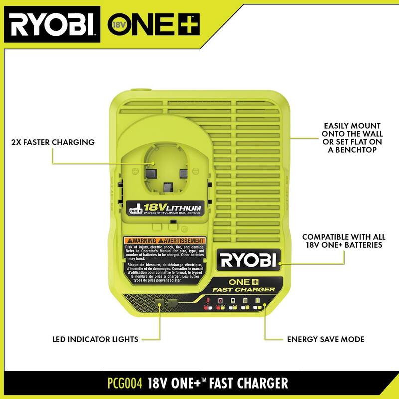 Cargador rápido RYOBI ONE+ 18V con batería de alto rendimiento de 6.0 Ah (2 paquetes) - PCG004-PBP2007
