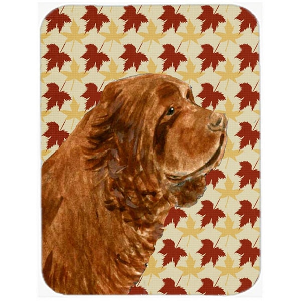 Carolines Treasures 12 x 15 in. Sussex Spaniel Fall Leaves Portrait Glass Cutting Board- Large - SS4346LCB