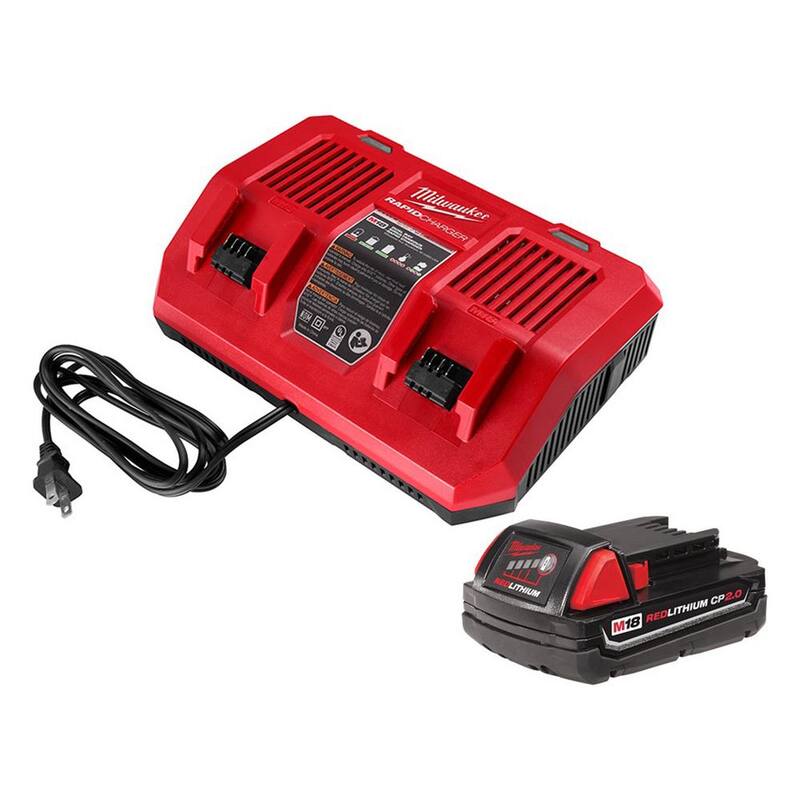 Cargador rápido de batería doble Milwaukee M18 de 18 voltios con 1 batería compacta de 2.0 Ah - 48-59-1802-48-11-1820