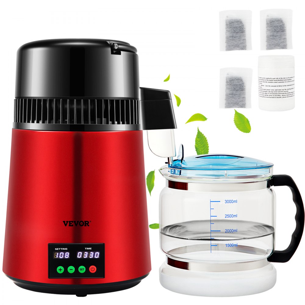VEVOR 1.1Gal Water Distiller, 0.3Gal/H, 750W Distilled Water Maker Machine 0-99H Timing Setting Temp Display, 304 Stainless Steel Countertop Distiller Glass Carafe Cleaning Powder 3 Carbon Packs, Red - D1LH1LH4L110VIDXCV1