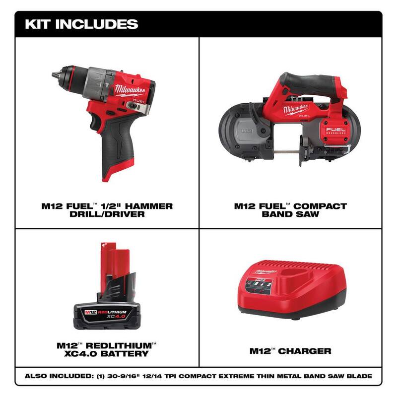 Martillo perforador inalámbrico Milwaukee M12 FUEL de 12 voltios con tecnología de litio-ion sin escobillas de 1/2 pulgada y sierra de banda compacta M12 FUEL con batería y cargador - 48-59-2440-3404-20-2529-20.
