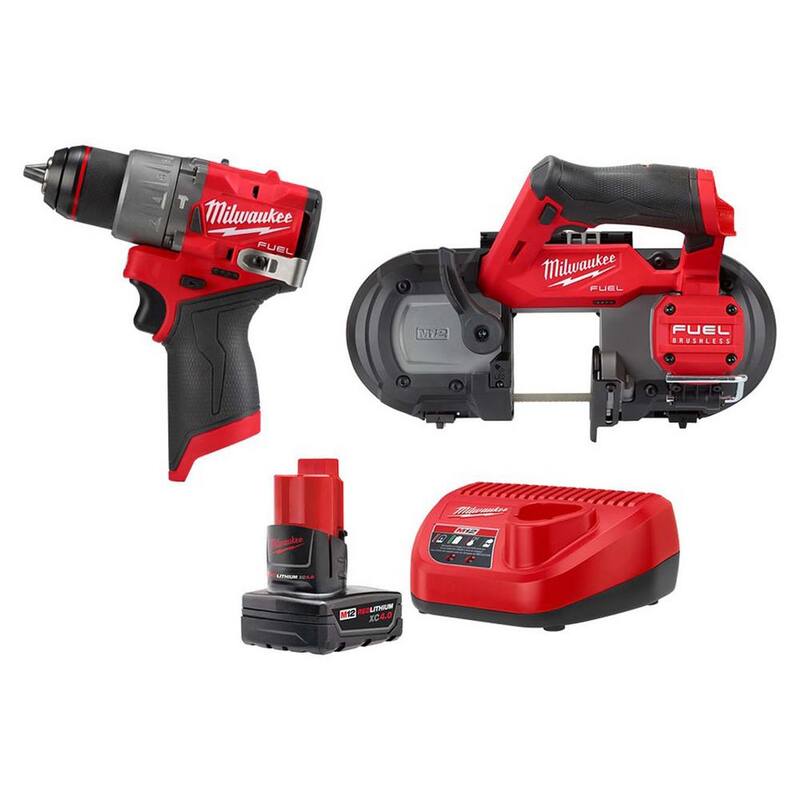 Martillo perforador inalámbrico Milwaukee M12 FUEL de 12 voltios con tecnología de litio-ion sin escobillas de 1/2 pulgada y sierra de banda compacta M12 FUEL con batería y cargador - 48-59-2440-3404-20-2529-20.