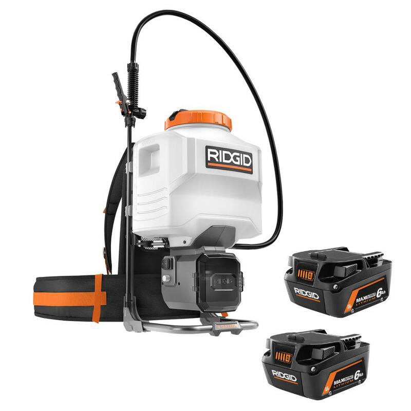 Kit de Pulverizador de Mochila Inalámbrico RIDGID 18V de 4 galones con baterías de iones de litio de salida máxima de 6.0 Ah (2 unidades) - R01501BVNM-AC840060PN
