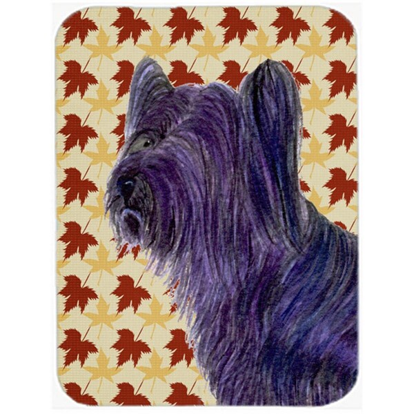 Carolines Treasures 12 x 15 in. Skye Terrier Fall Leaves Portrait Glass Cutting Board- Large - SS4393LCB