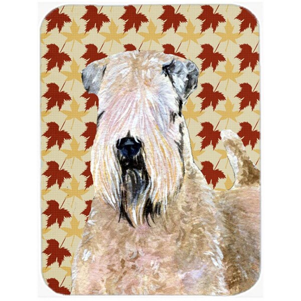 Carolines Treasures 12 x 15 in. Wheaten Terrier Soft Coated Fall Leaves Portrait Glass Cutting Board- Large - SS4363LCB