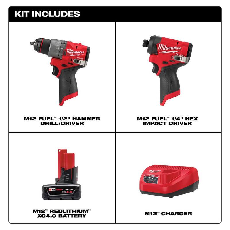 Milwaukee M12 FUEL Taladro de martillo inalámbrico sin escobillas de 12V de 1/2 pulgada y M12 FUEL Controlador de impacto de 1/4 de pulgada con batería y cargador - 48-59-2440-3404-20-3453-20