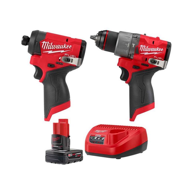 Milwaukee M12 FUEL Taladro de martillo inalámbrico sin escobillas de 12V de 1/2 pulgada y M12 FUEL Controlador de impacto de 1/4 de pulgada con batería y cargador - 48-59-2440-3404-20-3453-20