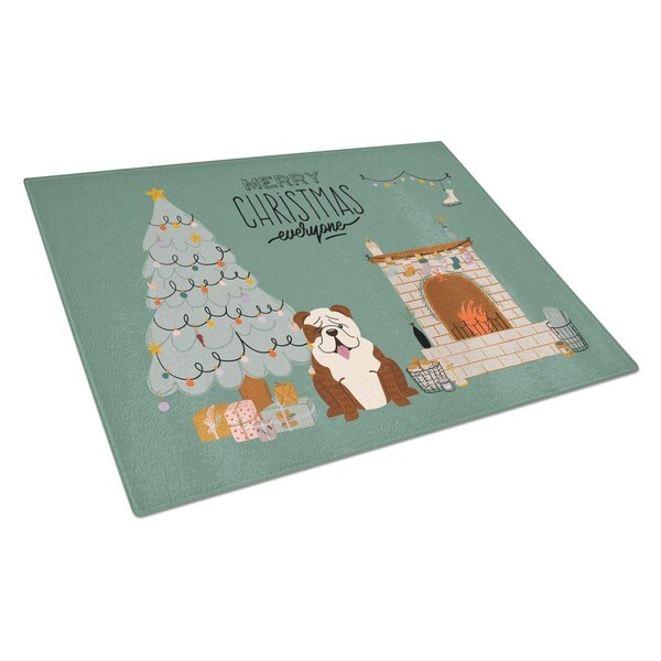 Carolines Treasures Brindle White English Bulldog Christmas Everyone Glass Cutting Board - Large - CK7684LCB