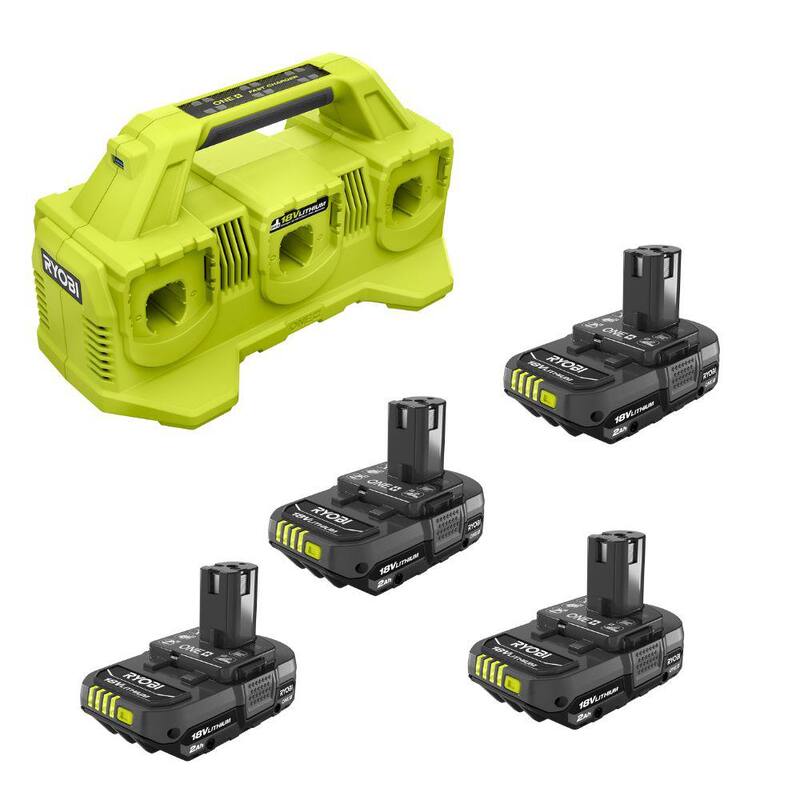 Batería compacta de iones de litio RYOBI ONE+ 18V 2.0 Ah (paquete de 4) con cargador de 6 puertos - PBP2006-PBP2006-PCG006