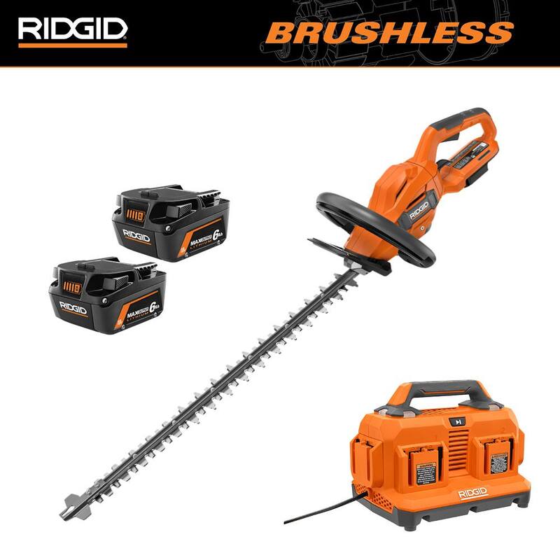 Podadora de setos inalámbrica RIDGID 18V sin escobillas con kit de cargador secuencial de 6 puertos y baterías de salida máxima de 6.0 Ah (paquete de 2) - R01401BVNM-AC86096-AC840060PN