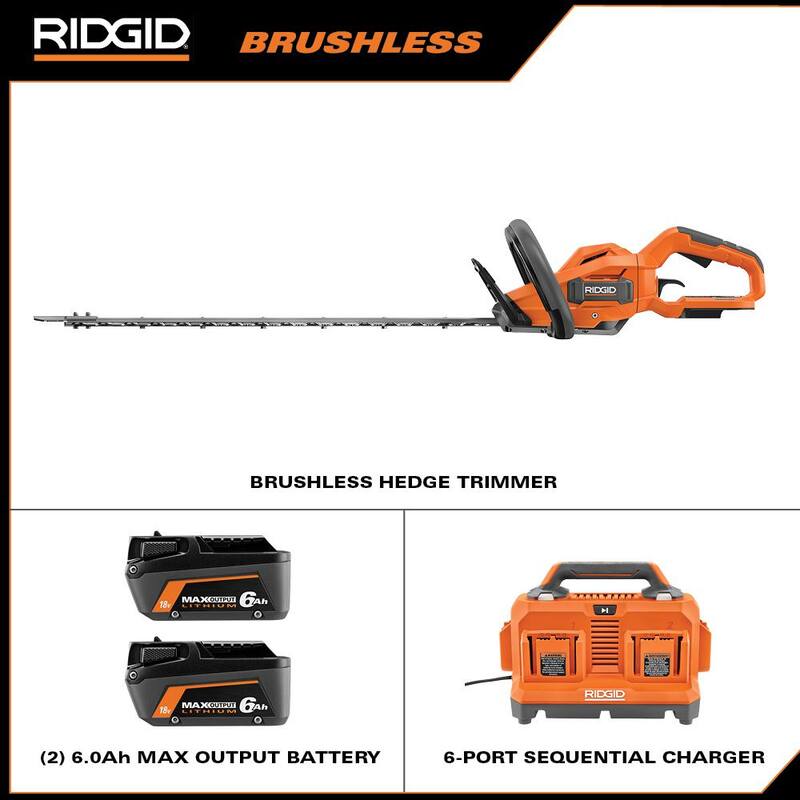 Podadora de setos inalámbrica RIDGID 18V sin escobillas con kit de cargador secuencial de 6 puertos y baterías de salida máxima de 6.0 Ah (paquete de 2) - R01401BVNM-AC86096-AC840060PN