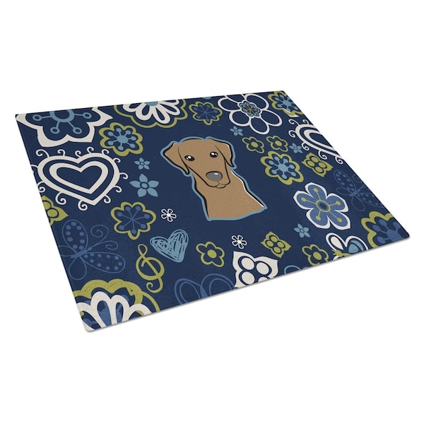 Carolines Treasures Blue Flowers Chocolate Labrador Glass Cutting Board Large - BB5085LCB