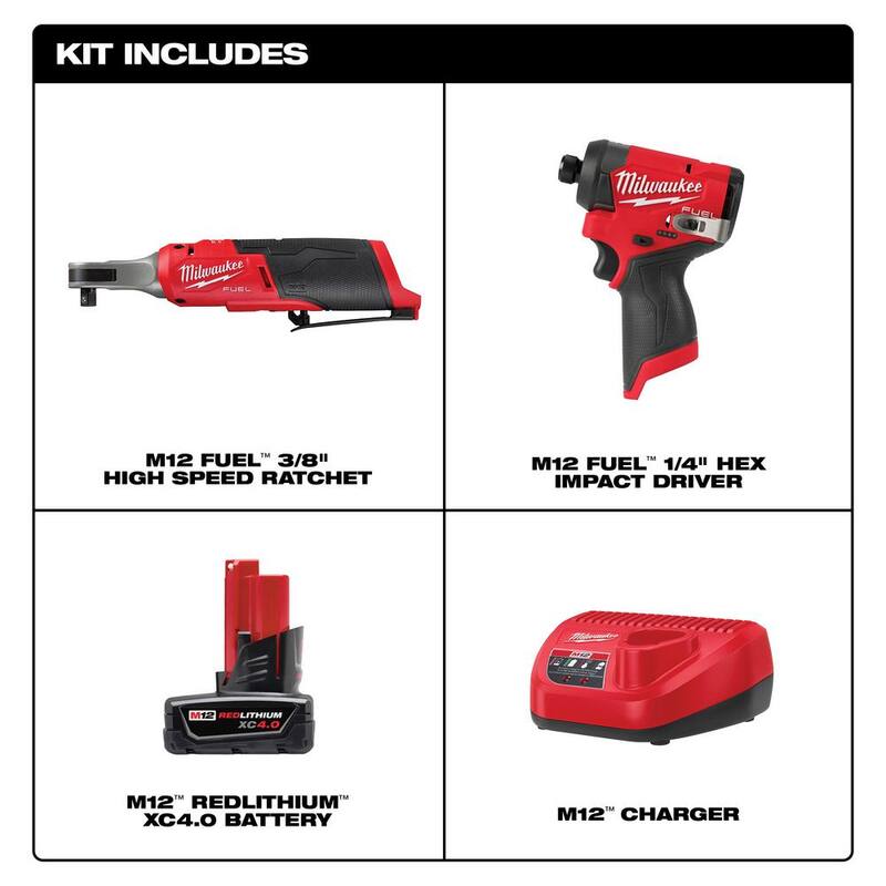 Milwaukee M12 FUEL 12V Lithium-Ion Brushless Cordless 3/8 in. Ratchet & M12 FUEL 1/4 in. Hex Impact Driver con Batería y Cargador - 48-59-2440-2567-20-3453-20