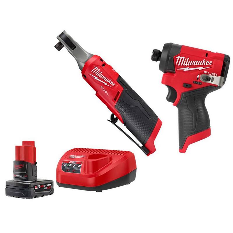 Milwaukee M12 FUEL 12V Lithium-Ion Brushless Cordless 3/8 in. Ratchet & M12 FUEL 1/4 in. Hex Impact Driver con Batería y Cargador - 48-59-2440-2567-20-3453-20