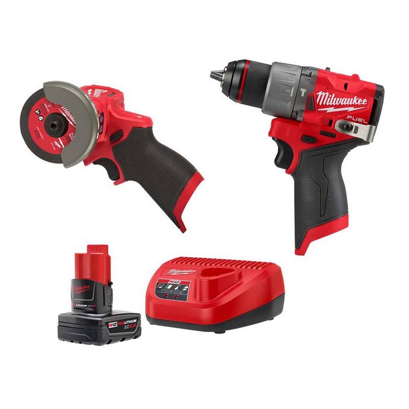 Milwaukee M12 FUEL Taladro de martillo inalámbrico sin escobillas de 12 voltios de 1/2 pulgada y Sierra de corte de 3 pulgadas M12 FUEL con batería y cargador - 48-59-2440-3404-20-2522-20