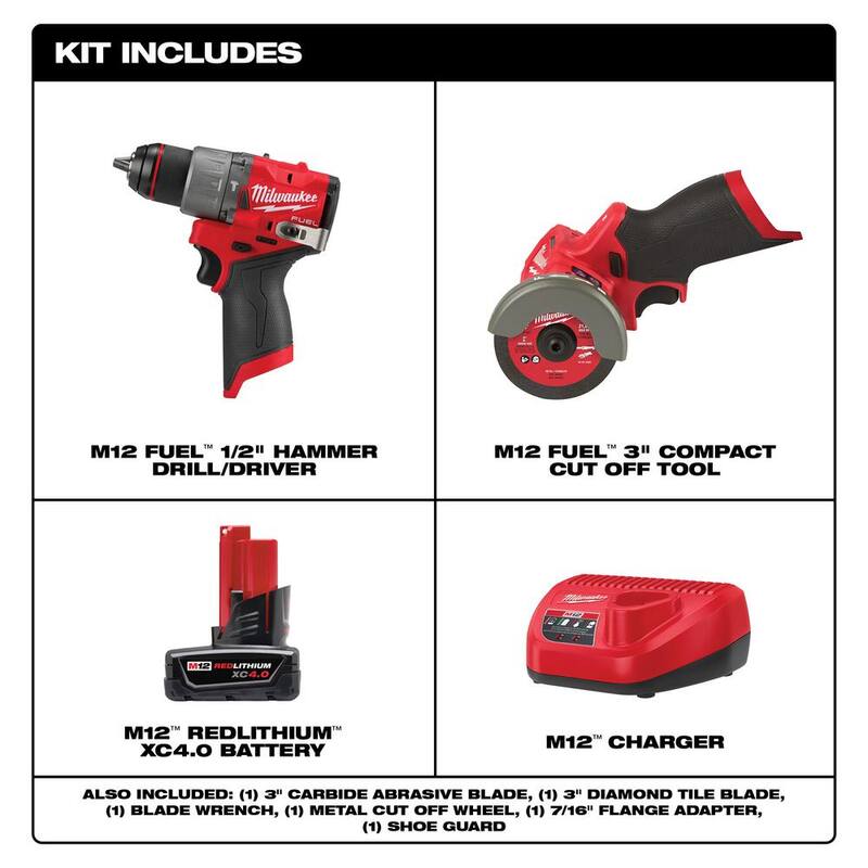Milwaukee M12 FUEL Taladro de martillo inalámbrico sin escobillas de 12 voltios de 1/2 pulgada y Sierra de corte de 3 pulgadas M12 FUEL con batería y cargador - 48-59-2440-3404-20-2522-20