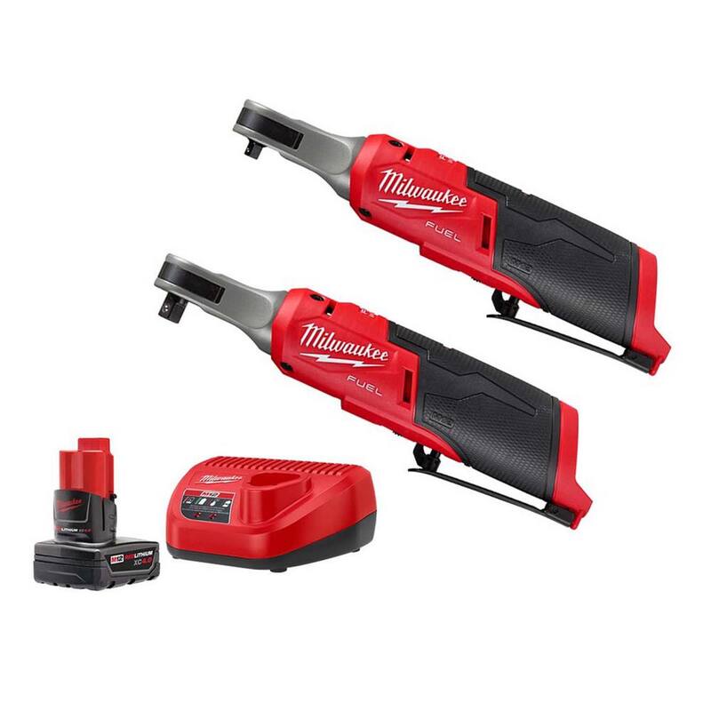 Llave de trinquete inalámbrica sin escobillas Milwaukee M12 FUEL de 12V de alta velocidad de 3/8 de pulgada y de 1/4 de pulgada con batería y cargador - 48-59-2440-2567-20-2566-20