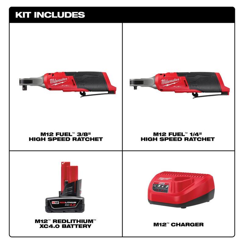 Llave de trinquete inalámbrica sin escobillas Milwaukee M12 FUEL de 12V de alta velocidad de 3/8 de pulgada y de 1/4 de pulgada con batería y cargador - 48-59-2440-2567-20-2566-20