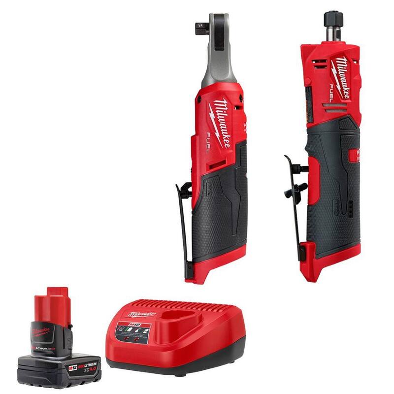 Kit de inicio de batería y cargador Milwaukee M12 12V Lithium-Ion XC 4.0 con trinquete de alta velocidad de 3/8 pulgadas y esmeriladora de dados rectos de 1/4 pulgadas - 48-59-2440-2567-20-2486-20