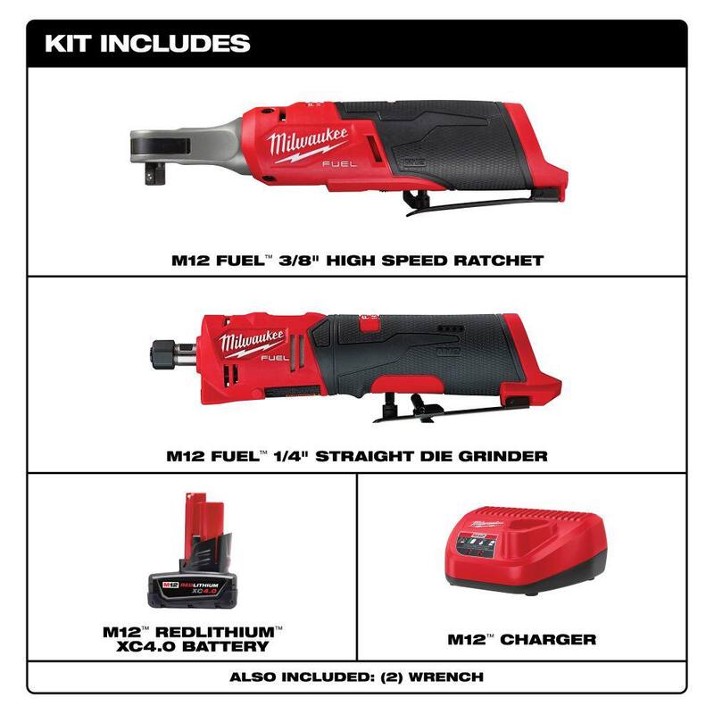 Kit de inicio de batería y cargador Milwaukee M12 12V Lithium-Ion XC 4.0 con trinquete de alta velocidad de 3/8 pulgadas y esmeriladora de dados rectos de 1/4 pulgadas - 48-59-2440-2567-20-2486-20