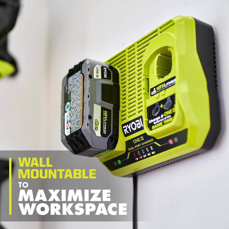 Cargador RYOBI ONE+ 18V de Doble Puerto Simultáneo con Batería de Iones de Litio de 18V 2.0 Ah (Paquete de 2) - PCG005-PBP2006