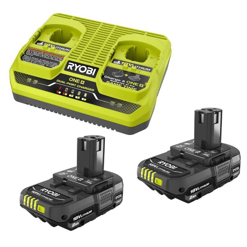 Cargador RYOBI ONE+ 18V de Doble Puerto Simultáneo con Batería de Iones de Litio de 18V 2.0 Ah (Paquete de 2) - PCG005-PBP2006
