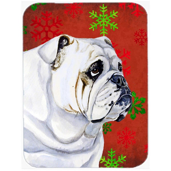 Carolines Treasures 15 x 12 in. Bulldog English Red and Green Snowflakes Christmas Glass Cutting Board - Large - LH9319LCB