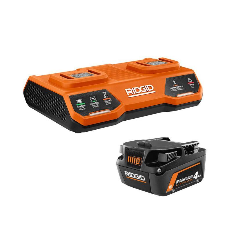 Kit de Cargador Dual Port Simultáneo de 18V RIDGID y Batería de Iones de Litio de Salida Máxima de 4.0 Ah de 18V - AC86095-AC840040