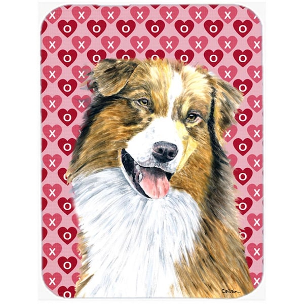 Carolines Treasures 12 x 15 in. Australian Shepherd Hearts Love and Valentines Day Glass Cutting Board- Large - SC9242LCB