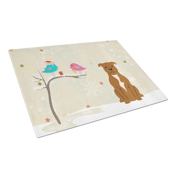 Carolines Treasures Christmas Presents Between Friends Staffordshire Bull Terrier Brown Glass Cutting Board, Large - BB2519LCB