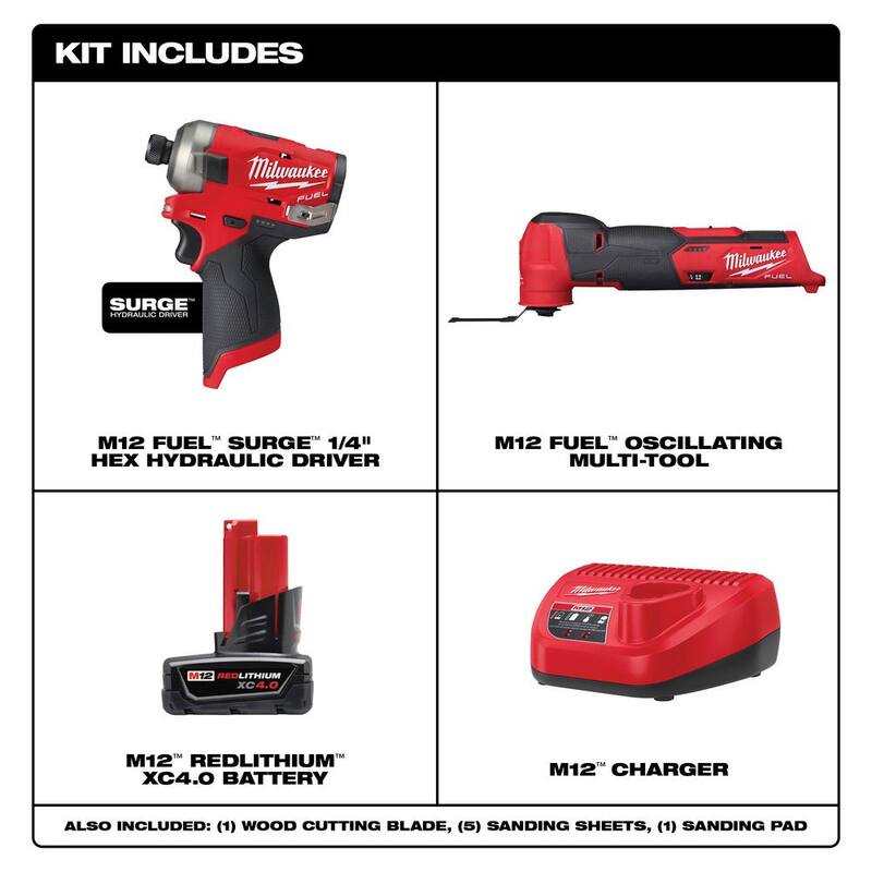 Milwaukee M12 FUEL SURGE 12-Volt Lithium-Ion Brushless Cordless 1/4 in. Impact Driver & M12 FUEL Multi-Tool con Batería y Cargador - 2440-2551-2526