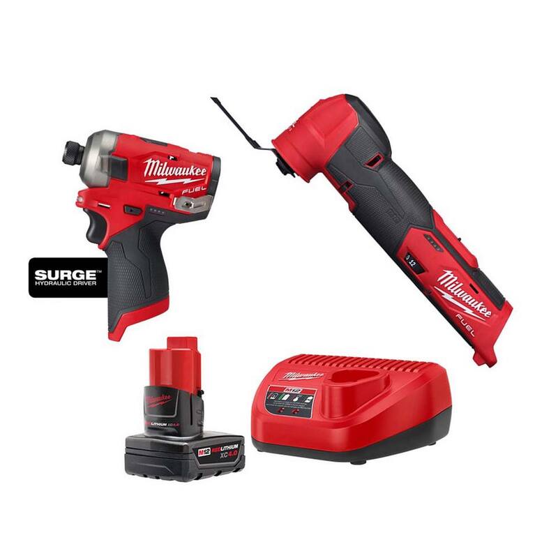 Milwaukee M12 FUEL SURGE 12-Volt Lithium-Ion Brushless Cordless 1/4 in. Impact Driver & M12 FUEL Multi-Tool con Batería y Cargador - 2440-2551-2526