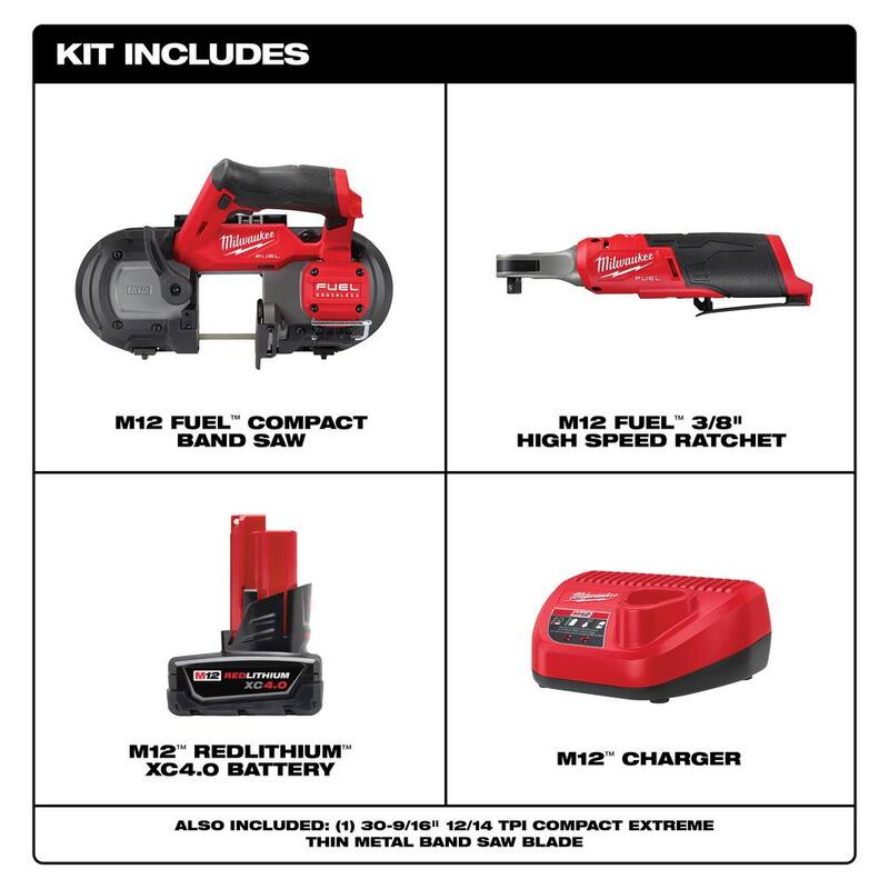 Si tuvieras que traducir el título sin mencionar la marca del producto sería, "Sierra de banda compacta inalámbrica de 12 voltios con tecnología de litio Milwaukee M12 FUEL y Llave de trinquete de alta velocidad M12 FUEL de 3/8 de pulgada con batería y cargador - 48-59-2440-2529-20-2567-20".