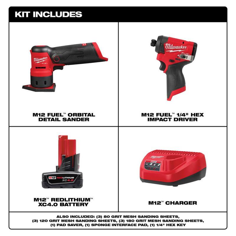 Lijadora de Detalles Inalámbrica sin Escobillas Milwaukee M12 FUEL de 12 Voltios de Iones de Litio y Atornillador de Impacto de 1/4 de pulgada Milwaukee M12 FUEL con Batería y Cargador - 48-59-2440-2531-20-3453-20