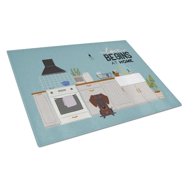 Carolines Treasures Chocolate Wire Haired Dachshund Kitchen Scene Glass Cutting Board - Large - CK7833LCB