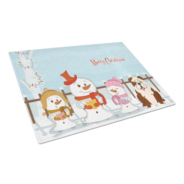Carolines Treasures Merry Christmas Carolers English Bulldog Brindle White Glass Cutting Board, Large - BB2452LCB