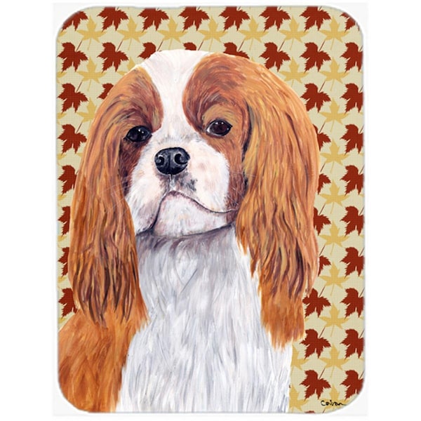 Carolines Treasures 12 x 15 in. Cavalier Spaniel Fall Leaves Portrait Glass Cutting Board- Large - SC9232LCB