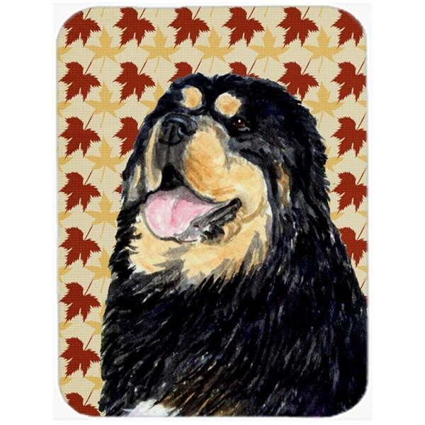 Carolines Treasures 12 x 15 in. Tibetan Mastiff Fall Leaves Portrait Glass Cutting Board- Large - SS4344LCB