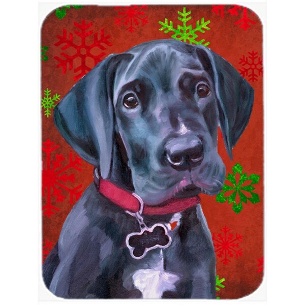 Carolines Treasures Black Great Dane Puppy Red Snowflakes Holiday Christmas Glass Cutting Board- Large - LH9579LCB